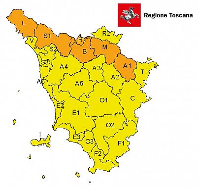 La mappa dell'allerta della Regione Toscana