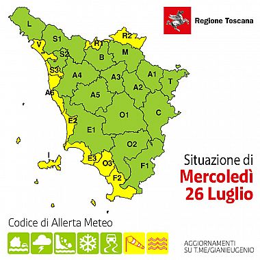 La mappa dell'allerta della Regione Toscana