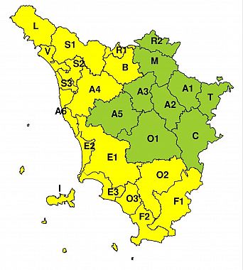 La mappa dell'allerta della Regione Toscana