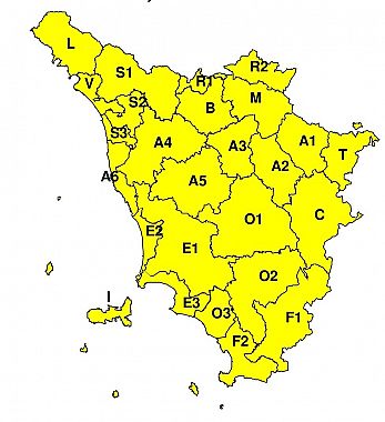 La mappa dell'allerta della Regione Toscana