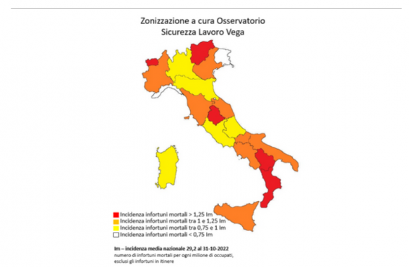 La mappa a colori del rischio morti bianche nei primi 10 mesi del 2022 (Fonte: Osservatorio sicurezza sul lavoro Vega Engineering)